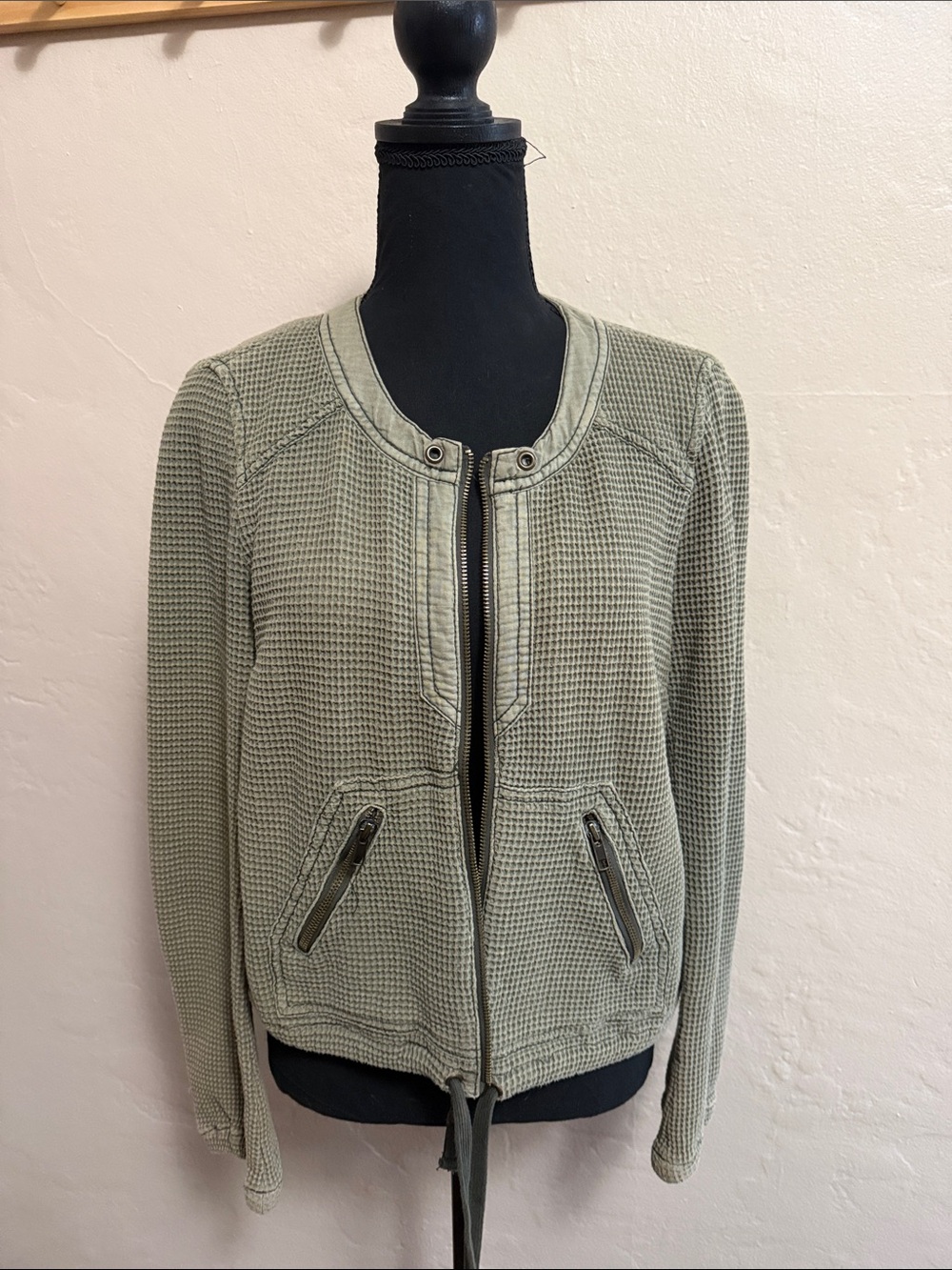 Free People Olive Waffle-Knit Bomber Jacket